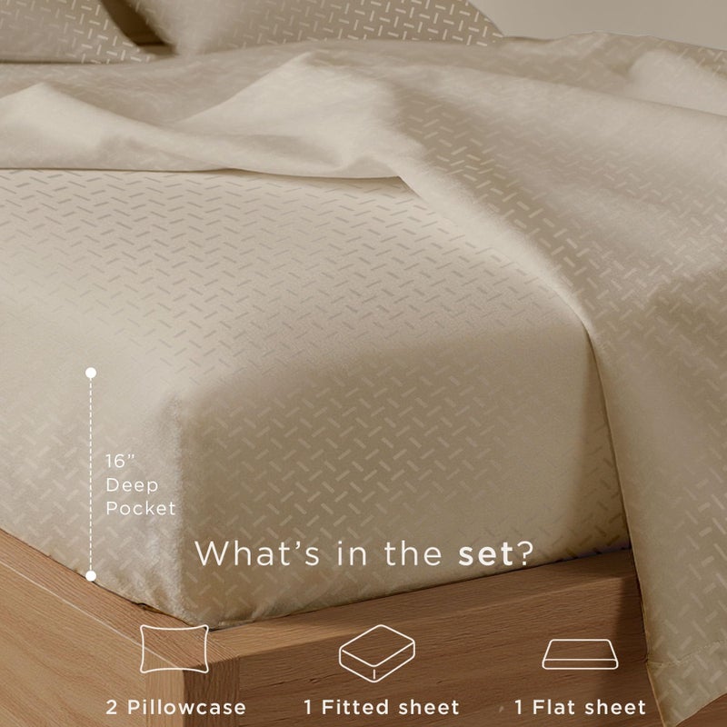 Threadmill Cotton Full Size Sheet Set | 100% Cotton Sheets for Full Size Bed | Damask Jacquard Full Bed Sheets Set with 16â€ Deep Pocket | Soft Sateen Weave 4-Piece Cooling Bedding Set | Beige - Image 3